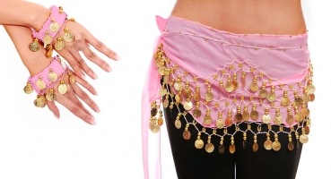 Belly Dance Bauchtanz Kostüm Hüfttuch inkl. ein Paar Handketten Münzgürtel Fasching Karneval Tanzaufführung Gürtel in rosa